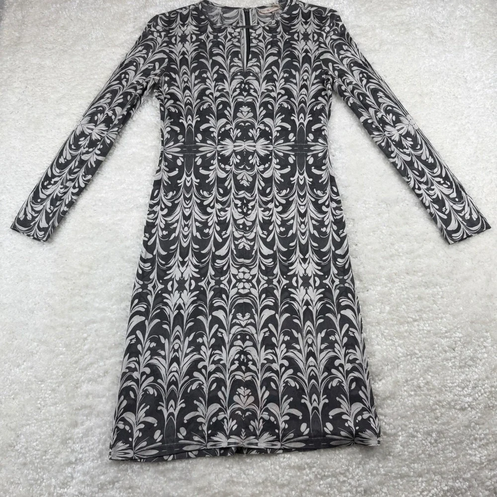 Tory Burch Dress Womens Small Black‎ White Floral Print Long Sleeve Sheath Event
